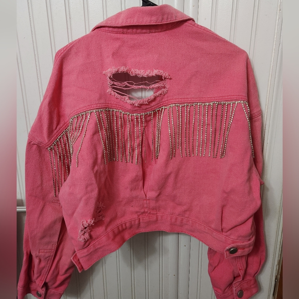 Pink Denim Distressed Sparkle Fringe Jacket